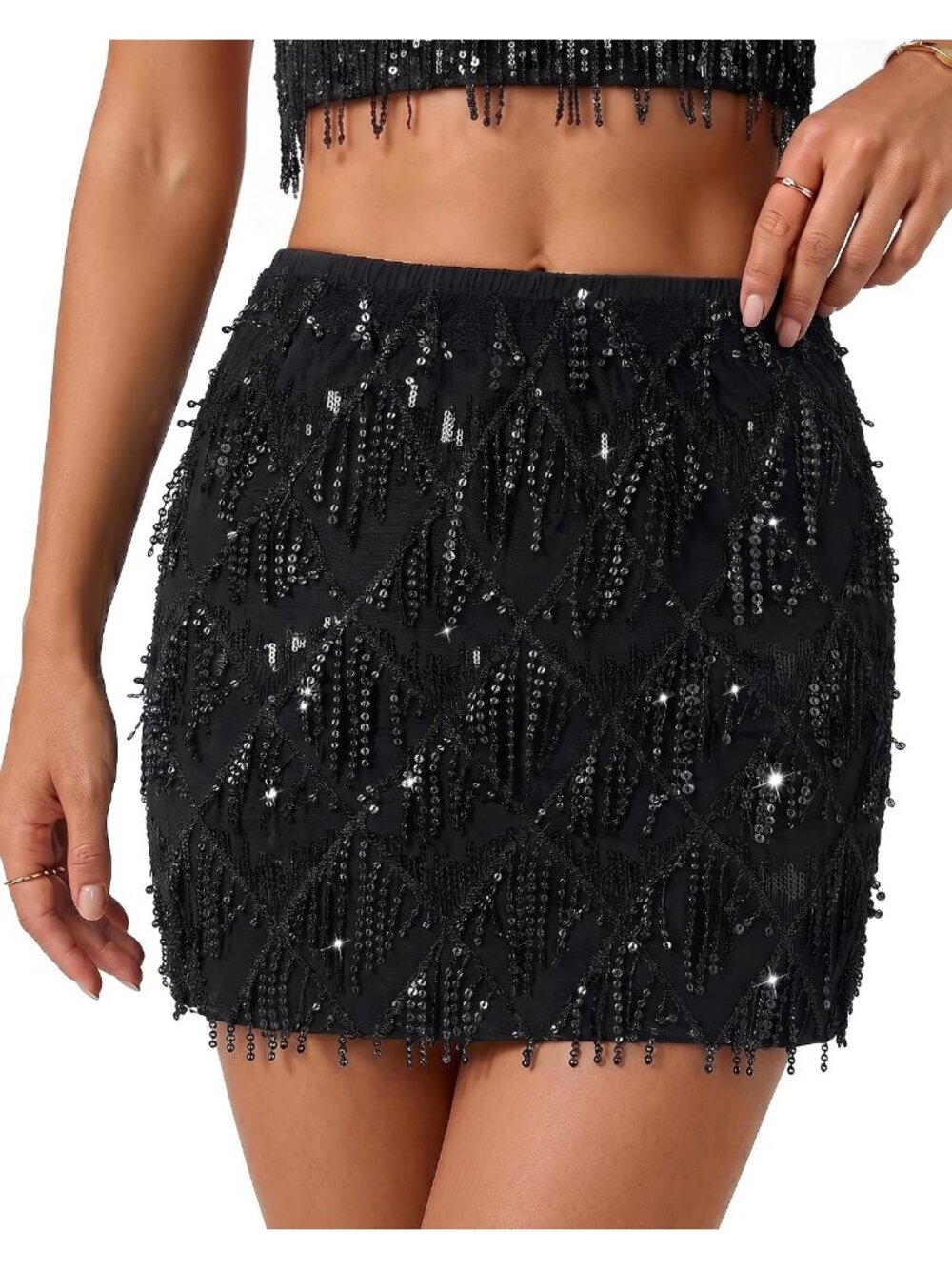 Women's Black Polyester Glitter Shiny Sparkle Dance Rave Bodycon Mini Skirts